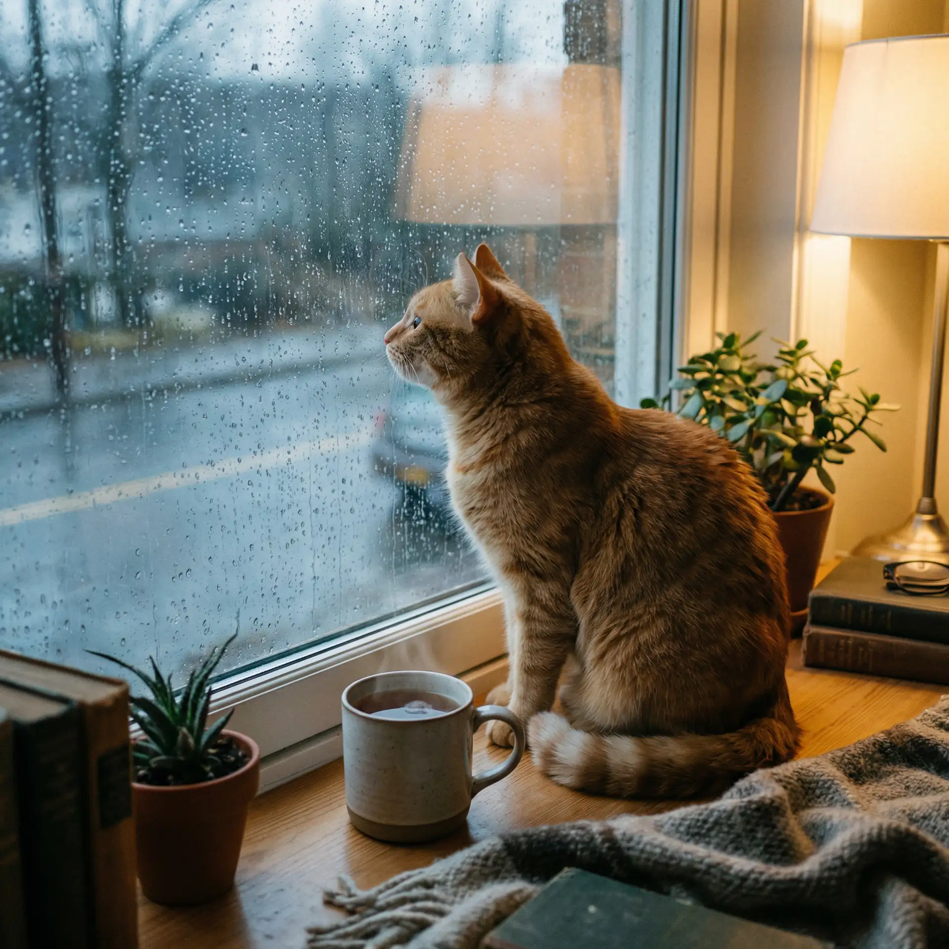 猫咪望着窗外的雨 - 暴草白虎